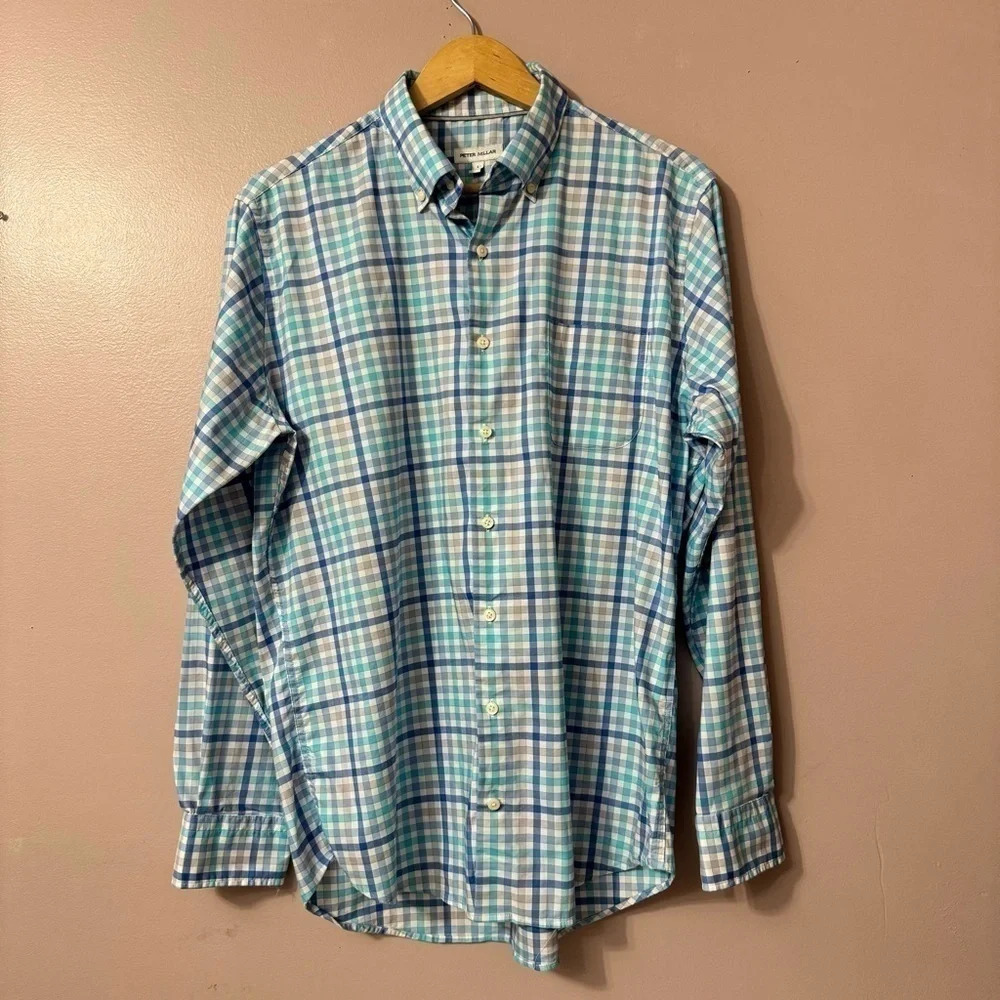 Peter Millar Blue Plaid Checkered Long Sleeve Button Shirt Mens Size Large